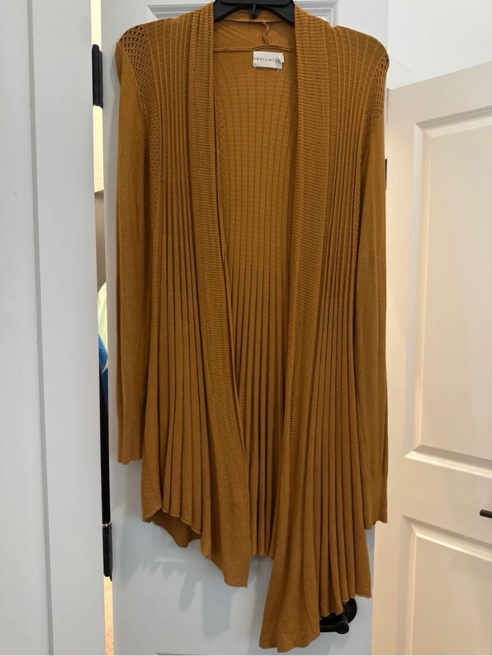 Open-Front Ribbed Long Cardigan Sweater in Mustard